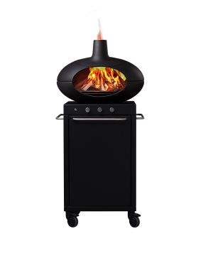 Morsö Forno Multi, pizzaugn som både går att elda med ved och kan drivas med gasol. Medföljande bord på hjul gör den enkel att flytta.